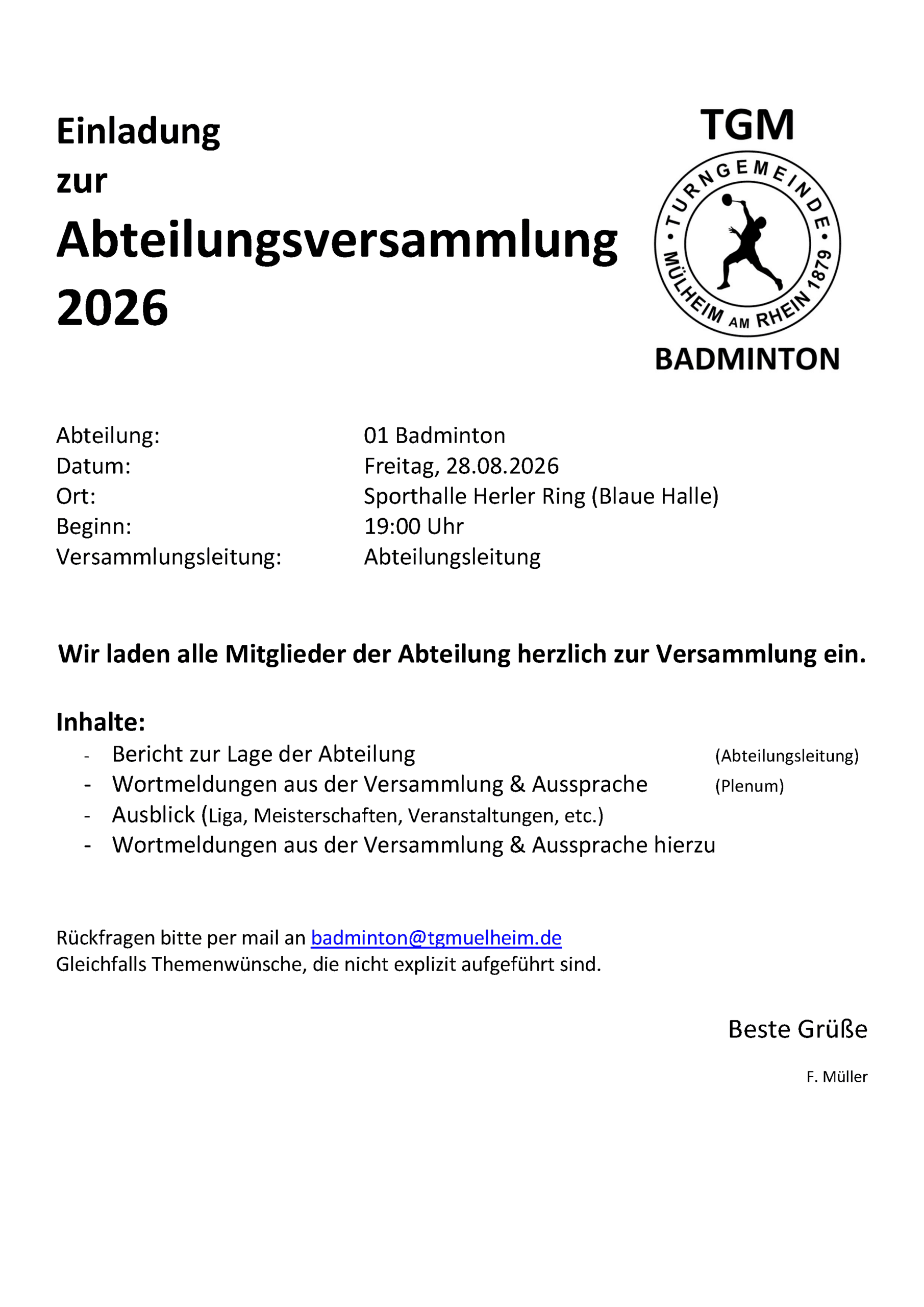 einladung abteilungsversammlung 2026 badminton